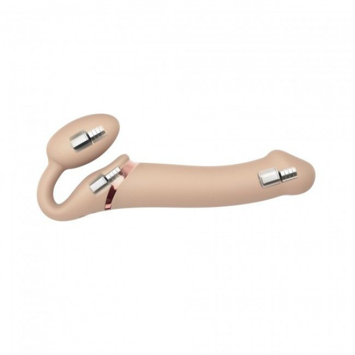 Безремневой страпон с вибрацией Strap-On-Me Vibrating Flesh L, диаметр 3,7см, пульт ДУ, регулируемый