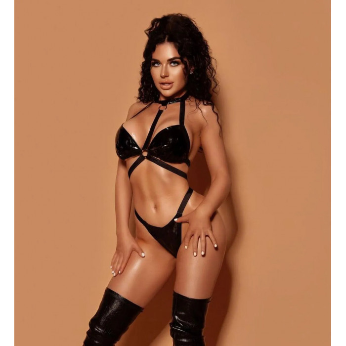 Боді з глянсовими шлейками Leg Avenue чорне, O/S