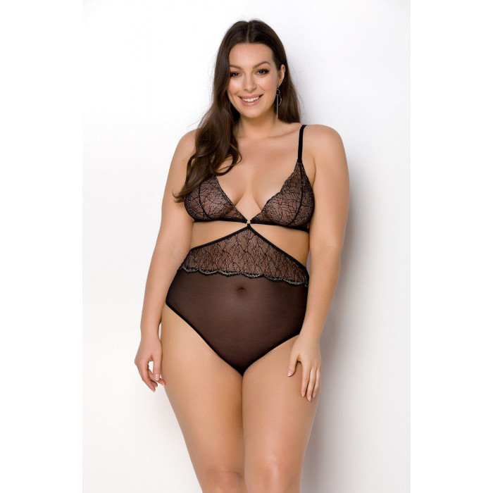 Боді Passion Amberly Body 4XL/5XL black, асиметричний крій, мереживний ліф, золота нитка