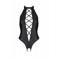 Боди из экокожи Passion Nancy Body 4XL/5XL black, с имитацией шнуровки и открытым доступом
