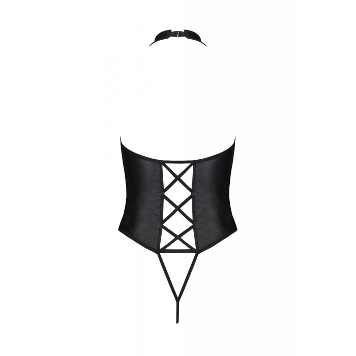 Боди из экокожи Passion Nancy Body 6XL/7XL black, с имитацией шнуровки и открытым доступом
