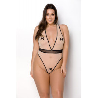 Боді Passion Viena Body 4XL/5XL beige, контрастне, бантики, вставка-сітка, відкриті сідниці