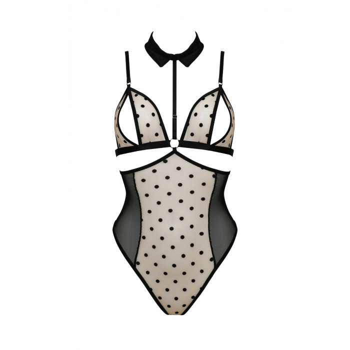 Боди с открытой грудью Passion DOMINICA BODY S/M beige, воротник-чокер, корсет