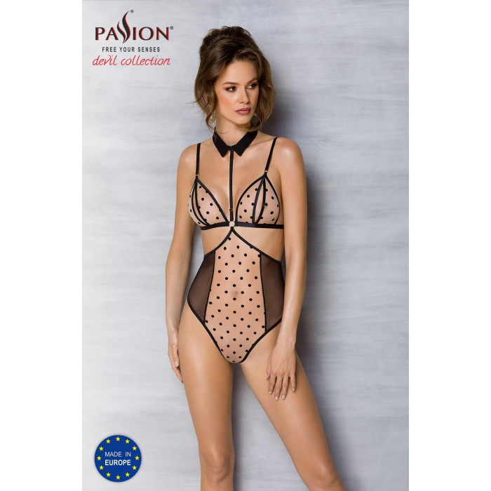 Боди с открытой грудью Passion DOMINICA BODY S/M beige, воротник-чокер, корсет