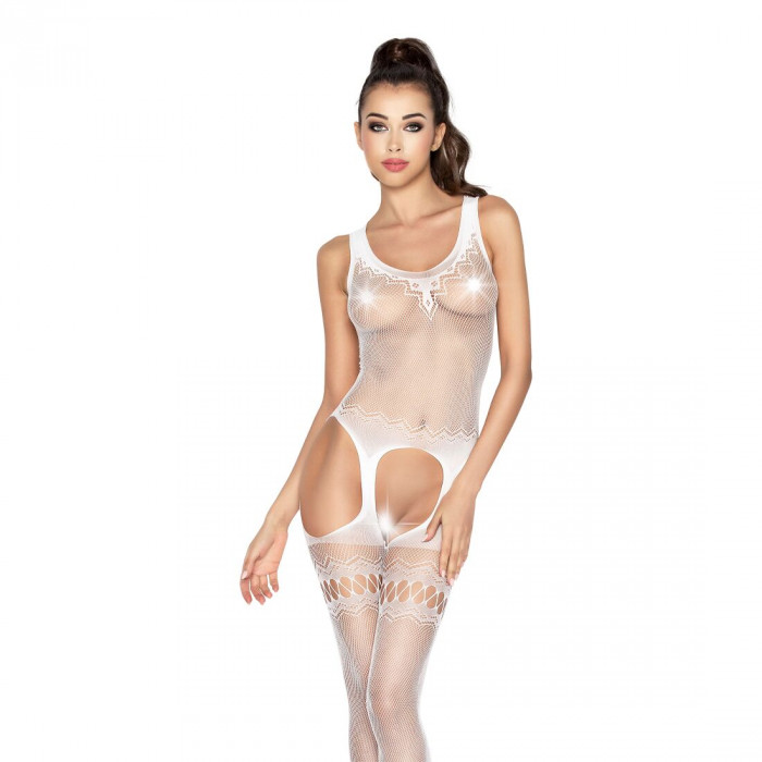 Бодістокінг Passion BS038 white, комбінезон, імітація панчох і пояса