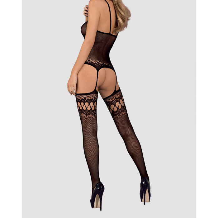 Бодістокінг Obsessive Bodystocking F214 black S/M/L, імітація корсета та панчіх на підв’язках