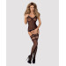 Бодістокінг Obsessive Bodystocking F214 black S/M/L, імітація корсета та панчіх на підв’язках