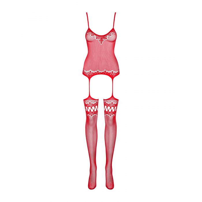Бодістокінг Obsessive Bodystocking F214 red S/M/L, імітація корсета та панчіх на підв’язках