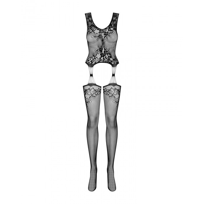 Бодістокінг Obsessive Bodystocking F221 S/M/L, силуетний малюнок з квітковими мотивами, імітація пан