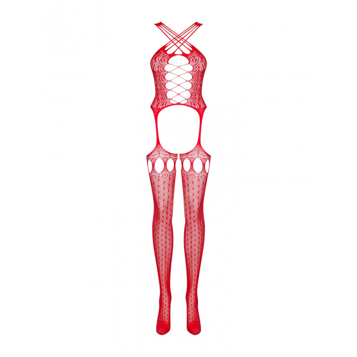 Бодістокінг Obsessive Bodystocking G313 S/M/L red, шнурівка, геометричний декор