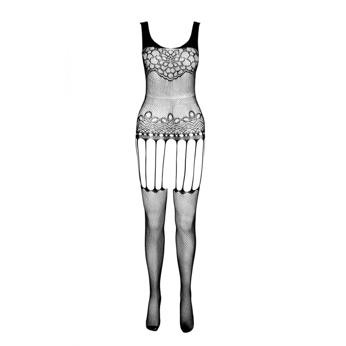 Бодістокінг Passion ECO BS001 One Size black, з доступом, імітація підв’язок, флористичний декор