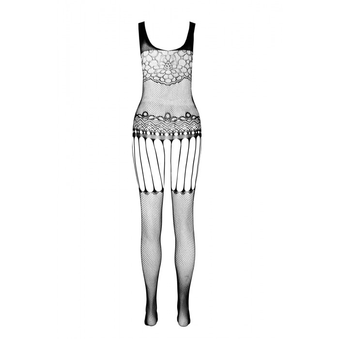 Бодістокінг Passion ECO BS001 One Size black, з доступом, імітація підв’язок, флористичний декор