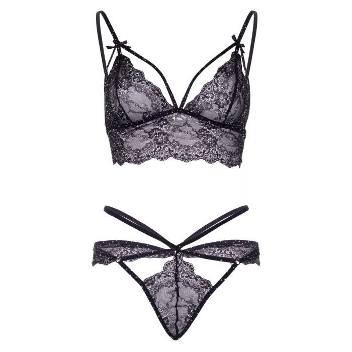 Эротический комплект со стрепами и стразами Leg Avenue Ready Or Not M Black, бра + стринги
