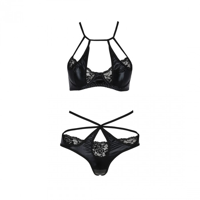 Комплект белья NAVEL SET black L/XL - Passion Exclusive: трусики и лиф с элементами под латекс