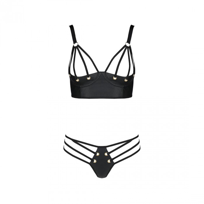 Комплект з екошкіри з люверсами та ремінцями Malwia Bikini black XXL/XXXL — Passion, бра та трусики