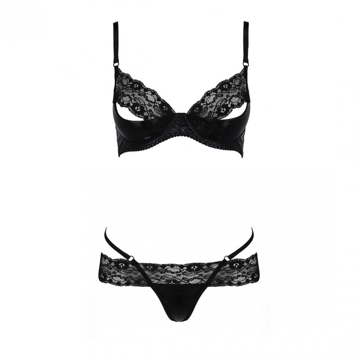 Комплект білизни NORTH SET black L/XL - Passion Exclusive: ліф і трусики з елементами під латекс