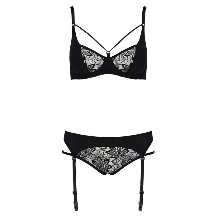 Комплект білизни PAULINE SET black L/XL Passion: стрепи: ліф, стрінги і пояс для панчох