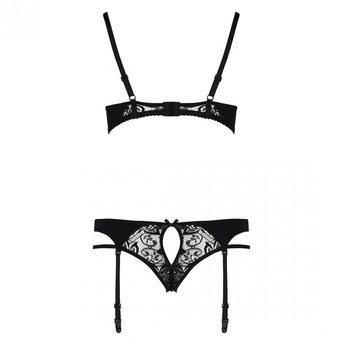 Комплект білизни PAULINE SET black L/XL Passion: стрепи: ліф, стрінги і пояс для панчох