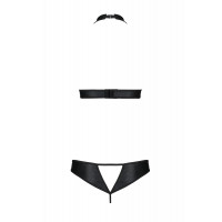 Комплект із екошкіри Passion Malwia Set with Open Bra 4XL/5XL black, топ та трусики з люверсами