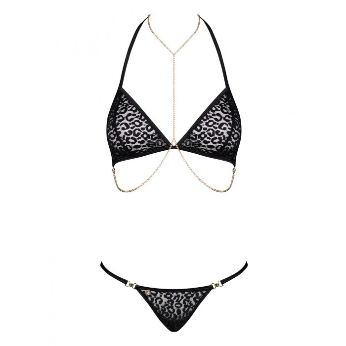 Комплект із ланцюжками Obsessive Pantheria 2-pcs set black S/M, бюстгальтер, трусики