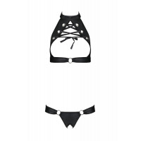 Комплект із екошкіри Passion Malwia Set with Open Bra 6XL/7XL black, топ та трусики з люверсами