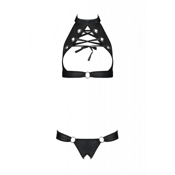 Комплект із екошкіри Passion Malwia Set with Open Bra 6XL/7XL black, топ та трусики з люверсами