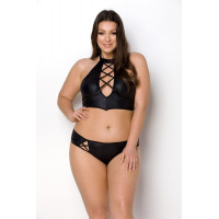Комплект з екошкіри Passion Nancy Bikini 4XL/5XL black, бра та трусики з імітацією шнурівки