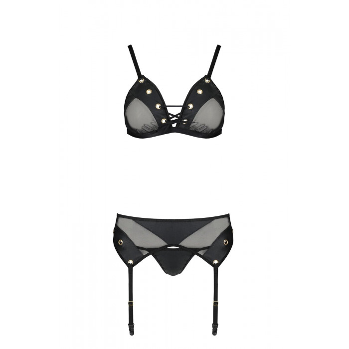Комплект белья Passion NESSY SET XXL/XXXL black, бюстгальтер, пояс для чулок, стринги