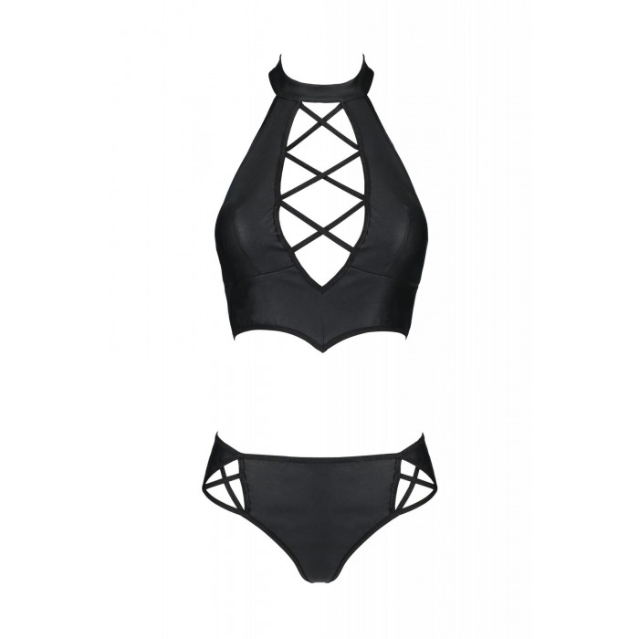Комплект з екошкіри Passion Nancy Bikini 6XL/7XL black, бра та трусики з імітацією шнурівки