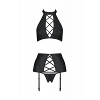 Комплект з екошкіри Passion Nancy Set 4XL/5XL black, імітація шнурівки, топ, пояс для панчіх Комплект з екошкіри Passion Nancy Set 4XL/5XL black, імітація шнурівки, топ, пояс для панчіх