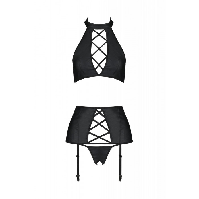 Комплект з екошкіри Passion Nancy Set 4XL/5XL black, імітація шнурівки, топ, пояс для панчіх