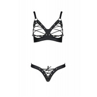 Комплект з екошкіри Passion Celine Bikini 4XL/5XL black, відкритий бра, стрінги зі шнурівкою Комплект з екошкіри Passion Celine Bikini 4XL/5XL black, відкритий бра, стрінги зі шнурівкою