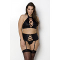 Комплект из экокожи Passion Nancy Set 6XL/7XL black, имитация шнуровки, топ, пояс для чулок