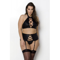Комплект із екошкіри Passion Nancy Set 6XL/7XL black, імітація шнурівки, топ, пояс для панчіх