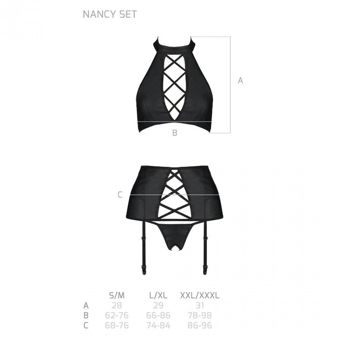 Комплект з еко-шкіри з імітацією шнурівки Nancy Set black L/XL - Passion топ, трусики та пояс для па