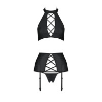 Комплект з еко-шкіри з імітацією шнурівки Nancy Set black L/XL - Passion топ, трусики та пояс для па