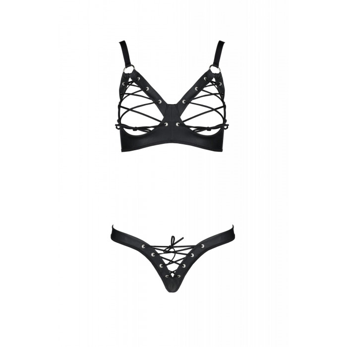 Комплект з екошкіри Passion Celine Bikini 6XL/7XL black, відкритий бра, стрінги зі шнурівкою