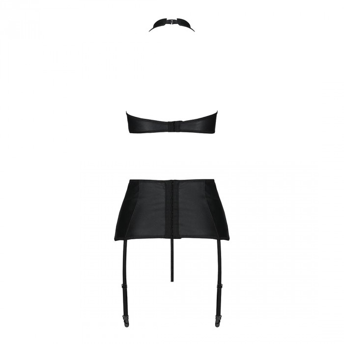 Комплект из эко-кожи с имитацией шнуровки Nancy Set black S/M - Passion топ, трусики и пояс для чуло