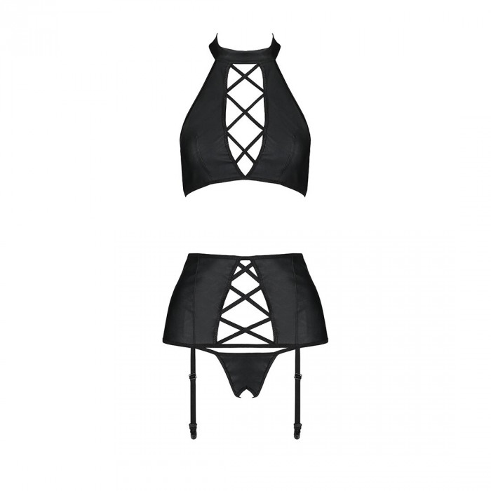 Комплект з еко-шкіри з імітацією шнурівки Nancy Set black XXL/XXXL - Passion топ, трусики та пояс дл