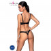 Комплект з екошкіри Celine Bikini black L/XL — Passion: відкритий бра зі стрічками, стрінги зі шнурі