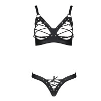 Комплект з екошкіри CELINE BIKINI black S/M — Passion: відкритий бра зі стрічками, стрінги зі шнурів Комплект з екошкіри CELINE BIKINI black S/M — Passion: відкритий бра зі стрічками, стрінги зі шнурів