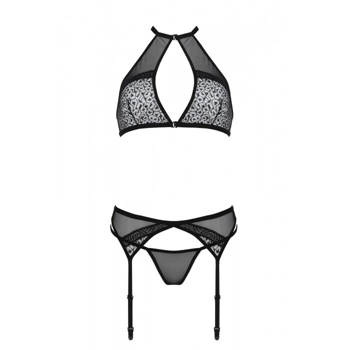Комплект белья Passion SATARA SET XXL/XXXL black, топ, пояс для чулок, стринги