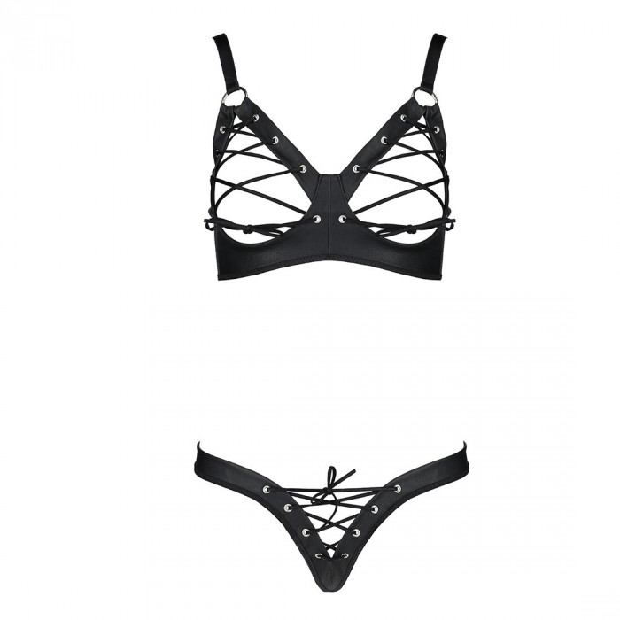 Комплект з екошкіри CELINE BIKINI black XXL/XXXL — Passion: відкритий бра зі стрічками, стрінги зі ш