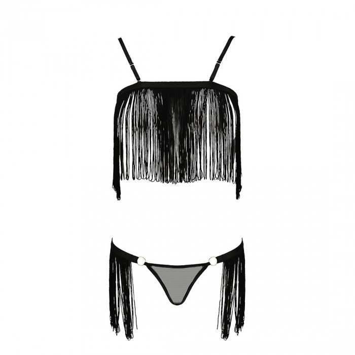 Комплект білизни KASSANDRA SET OpenBra black XXL/3XL - Passion Exclusive: ліф з бахроми, трусики-спі