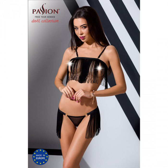 Комплект білизни KASSANDRA SET OpenBra black XXL/3XL - Passion Exclusive: ліф з бахроми, трусики-спі