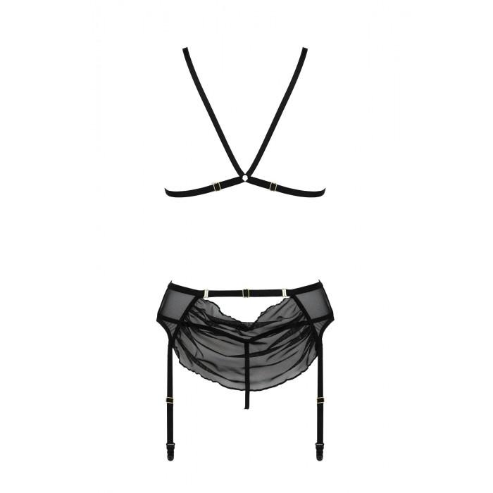 Комплект с открытым доступом Passion DELIENA SET L/XL black, лиф, стринги, пояс для чулок