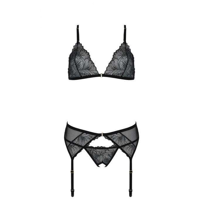Комплект с открытым доступом Passion DELIENA SET S/M black, лиф, стринги, пояс для чулок