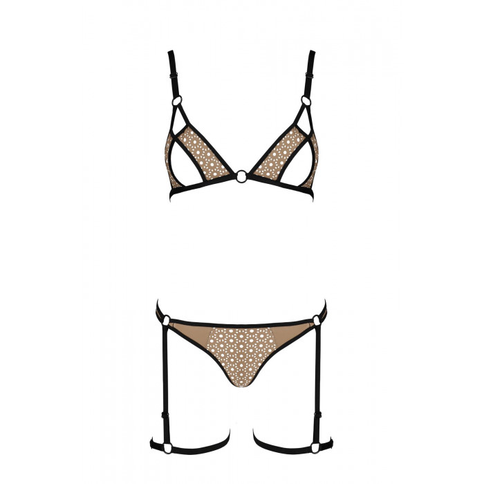 Эротический комплект нижнего белья Passion GABI SET XXL/XXXL beige, трусики с гартерами