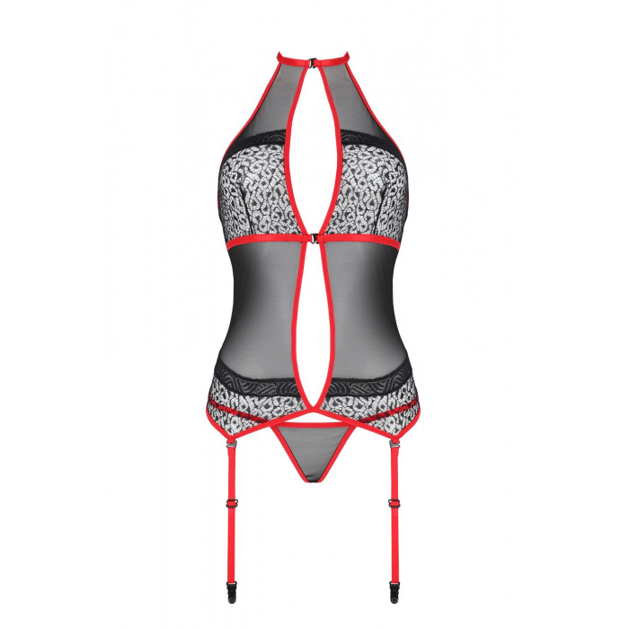 Корсет с пажами Passion SATARA CORSET XXL/XXXL red, стринги, кружево, застежки спереди и сзади