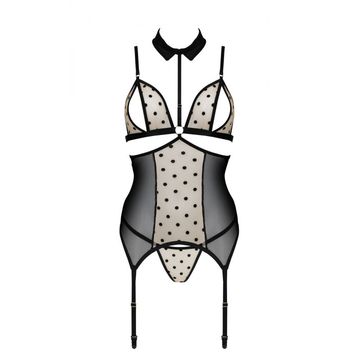 Корсет с открытой грудью Passion DOMINICA CORSET S/M beige, пажи для чулок, стринги